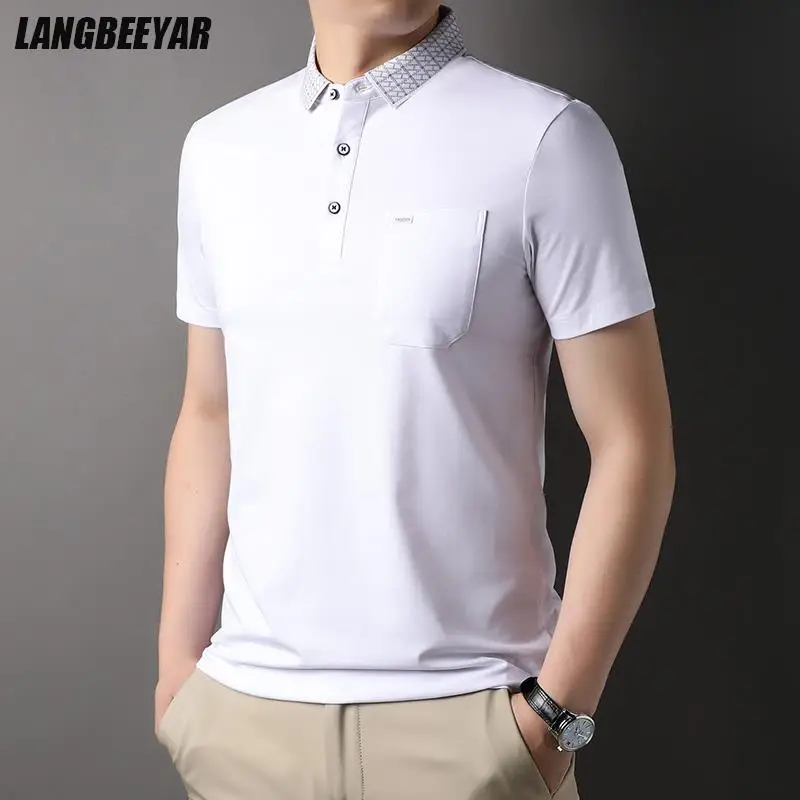 Top Grade 2.5% Mulberry Silk Summer Brand Logo Plain Mens Designer Polo Shirts Short Sleeve Casual Tops Fashions Mens Clothing