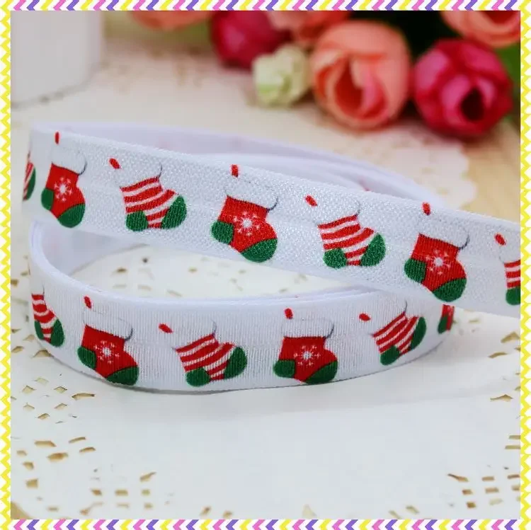 DHK 5/8'' 5yards Fold Over Elastic FOE christmas socks printed headband hair band diy decoration OEM Wholesale E267