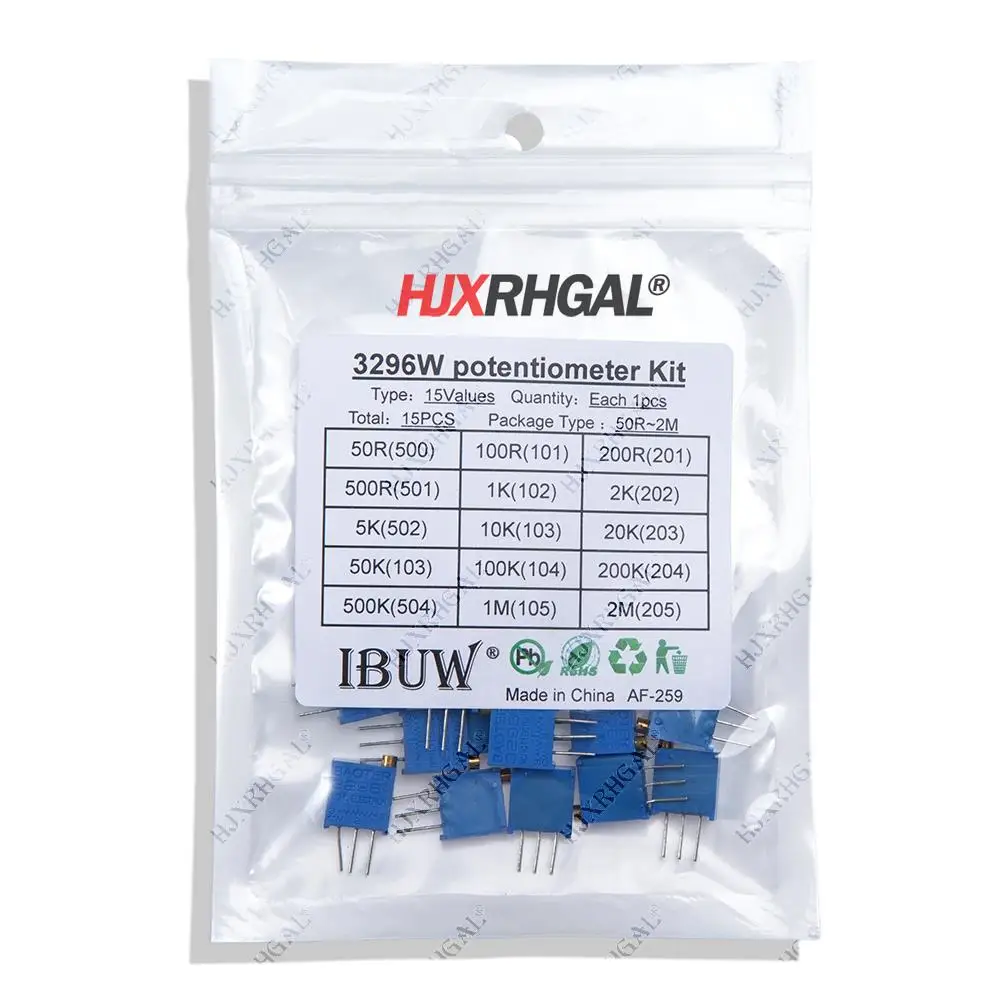 15pcs 3296 3296w 100ohm-2Mohm 0.5w Variable Resistors MultiTurn trimmer adjustable precision 3296w Potentiometer kit