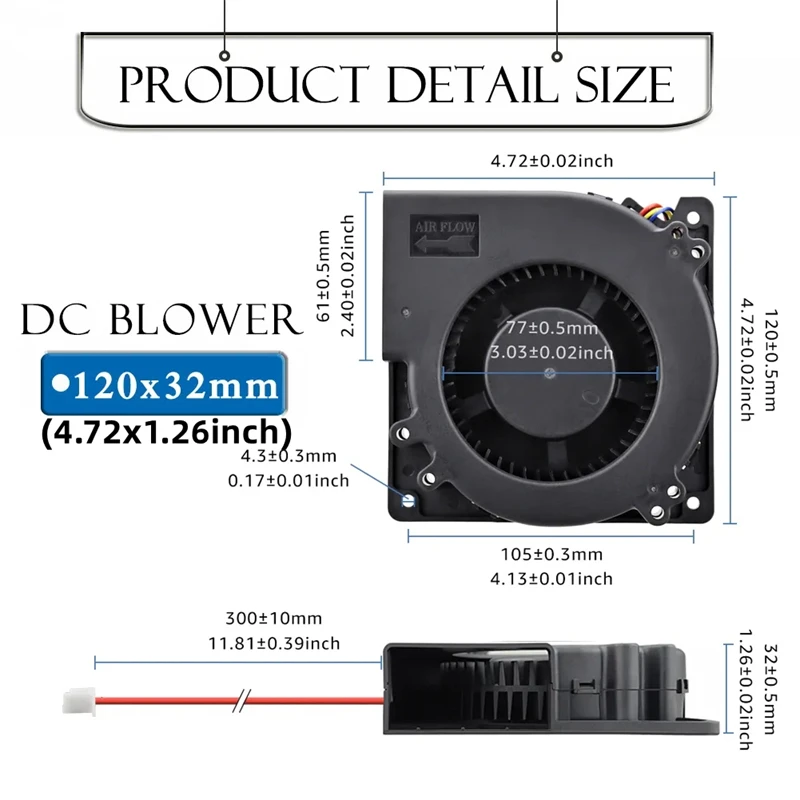 12cm 12032 120 * 32mm high air flow cooling fan 5V 12V 24V automotive cushion air-cooled turbo blower 2-wire