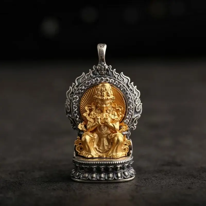 Cooperized Silver Distressed Vintage Inlaid Patron Saint Zachilam Yellow God of Wealth Void Tibetan Bodhisattva Pendant Pendant