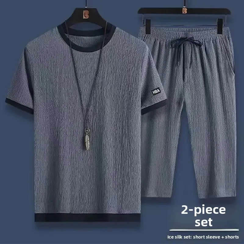 

Летняя повседневная спортивная мужская футболка из ледяного шелка ort Sve, комплект 2023, новый трендовый комплект из двух предметов, полиэстер, молодежный семикомпонентный комплект...