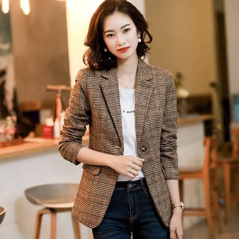 

Faionable Plaid -Suit Jaet Women's Casual Retro Single-Piece Top Spring Autumn Wear Long Sve Other Sle