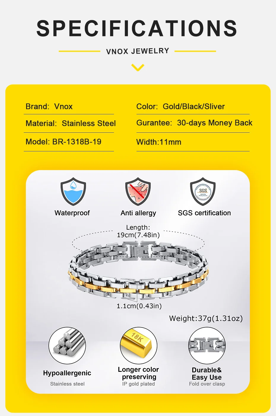 Vnox Thick Masculine Wtach Band Link Bracelets for Men, 11mm Stainless Steel Handmade Link Wristband, Gentle Punk Gift for Him