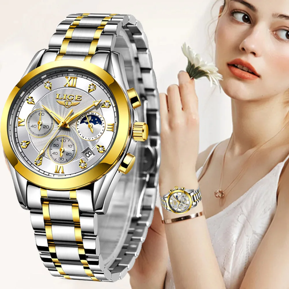 LIGE 2023 New Gold Watch Women Watches Ladies Creative Steel Women's Bracelet Watches Female Waterproof Clock Relogio Feminino