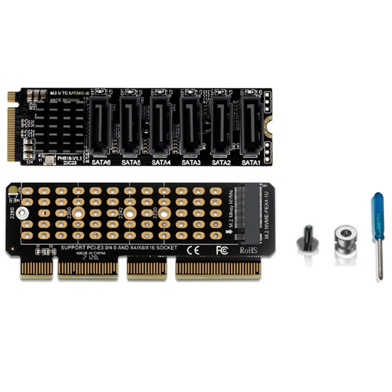 M.2 NVME-PCI-E X4 X8 X16 PCIE To SATA 6Gpbsx6-Port Adapter Card ASM1166 M.2 MKEY To SATA3.0 M.2 Riser Card