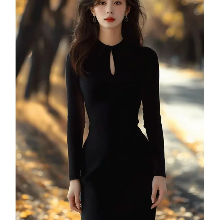 Bla Knitted Dr feminino 2025 nova primavera outono Ele Lady emagrecimento longo saia camada base Sve fibra de poliéster commute...