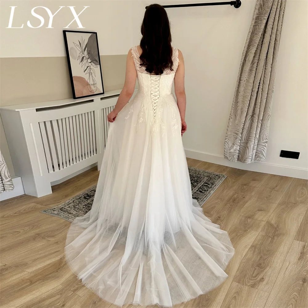 LSYX Sweetheart senza maniche Appliques Tulle a-line abito da sposa bianco 2023 cinghie Lace Up Back abito da sposa su misura