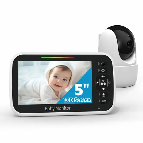 Baby Monitor with Camera 5'' Display with 30 Hours Battery, Pan-Tilt-Zoom Video Baby Monitor No WiFi, 2-Way Call, Temperature