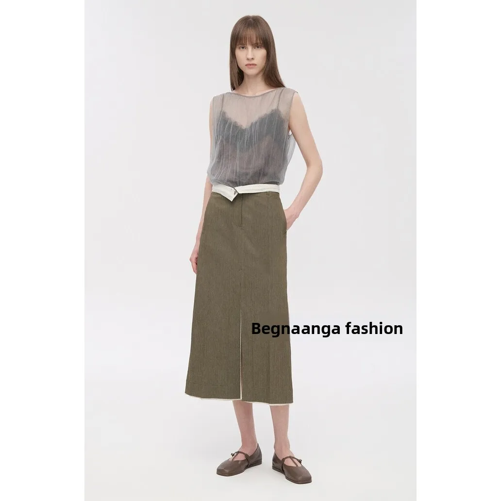 High Waist Commuter Half Skirt Midi Stripe Color Block Drawstring Korean Style Women's Fashion H-Shape Straight Cut Skirt