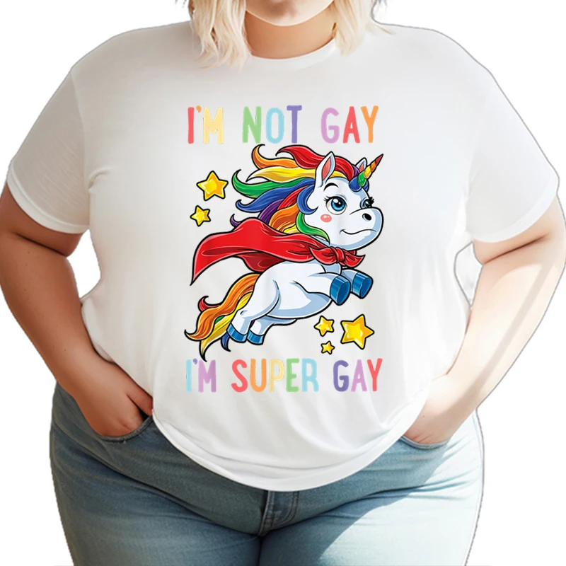 Oversized T-shirt Women I’m Not Gay I’m Super Gay Pride LGBT Flag T Unicorn T-Shirt Short Sleeve Tee Graphic Tees Gifts Lesbian