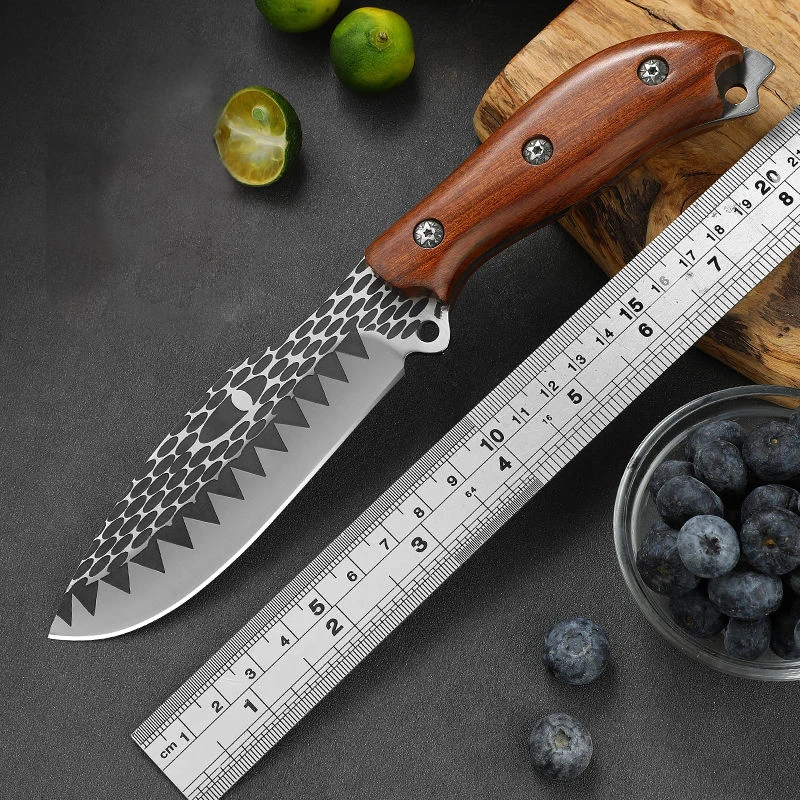 9.5 inch multi-purpose fruit knife, high carbon stainless steel 4mm thick, surface pattern, solid wood handle, outdoor tactical