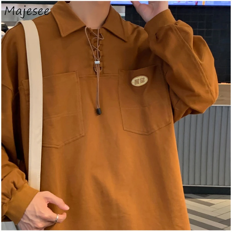 Hoodies Men Brown Pockets Teen Harajuku Fashion Cool Leisure Chic Korean Style Turn-down Collar Lace-up All-match Streetwear