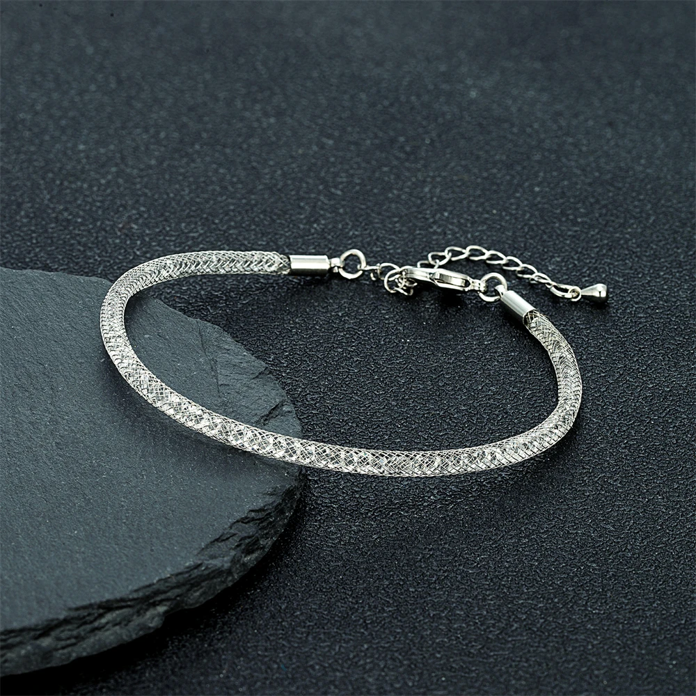 Luxury Minimalist Mesh Crystal Bracelet Men Women Charm Handmade Inlay Crystal Adjustable Bangle Stainless Steel Fashion Jewelry