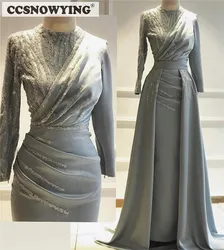 Grijze Lange Mouw Moslim Avondjurk Satijn Kralen Hijab Prom Formele Party Gown Arabië Dubai Kaftan Islamitische Robe De Soiree