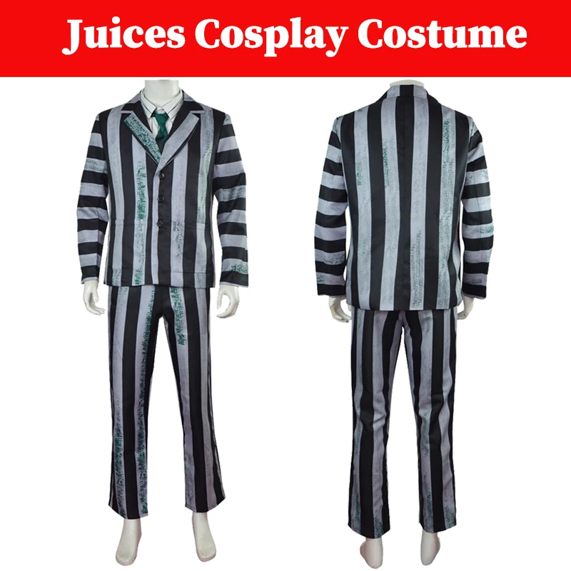 Juices Cosplay Men Stripe Suits Costume Movie Insect Liquid Roleplay Outfits Male Disguise Coat Pants Neck Tie Halloween Suit