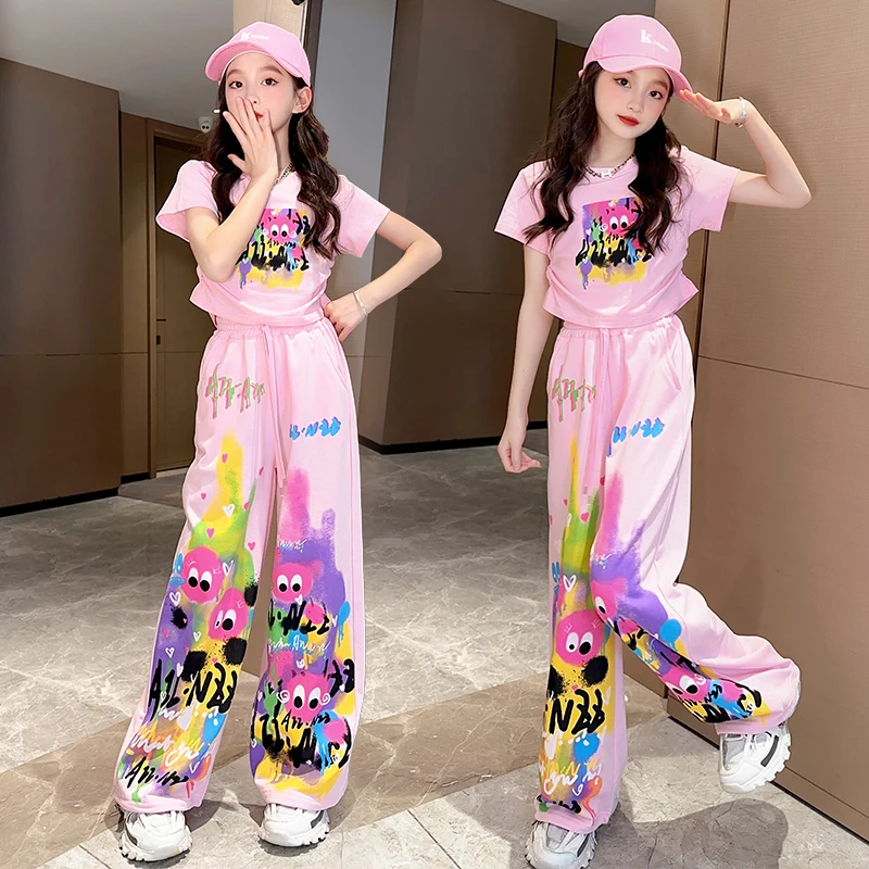 Cute Pink Cartoon T-shirt Pants Suit for Baby Girls Clothes Set Fashion Kids Straight Pants Teenage Rainbow Outfits In Summer 7t