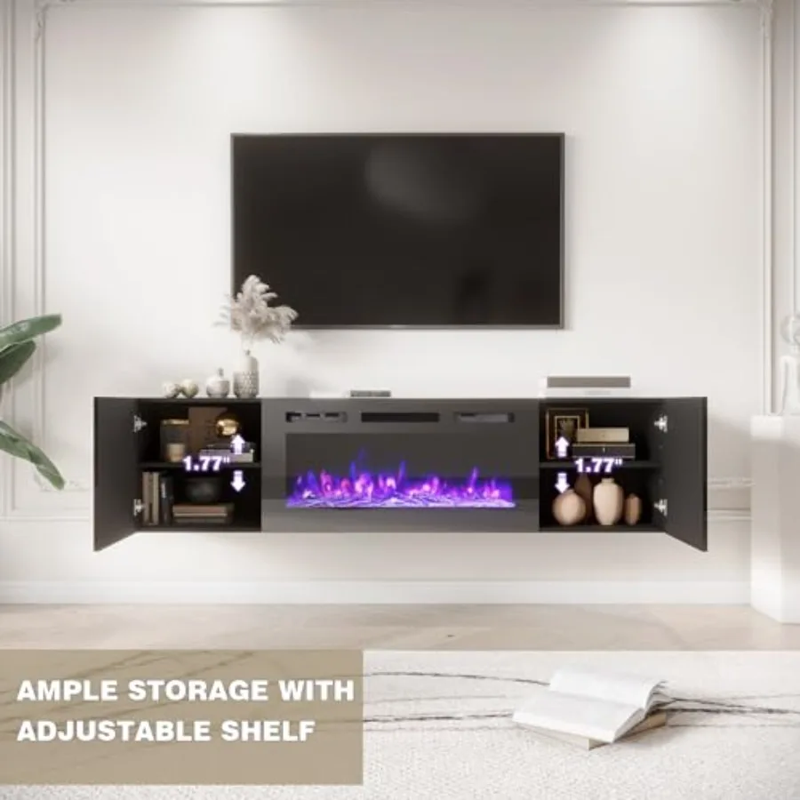 حامل تلفزيون عائم مثبت على الحائط مقاس 70 بوصة مع مدفأة كهربائية مقاس 36 بوصة مركز ترفيه عالي اللمعان مع مساحة تخزين 12 لون لهب He