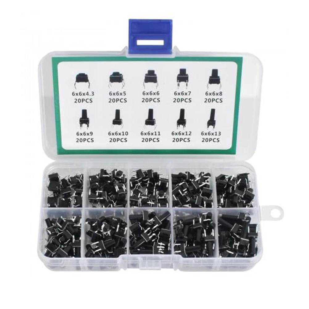 Complete Set of Miniature Tactile Push Button Switches Includes 10 Varieties and 200 Pieces for Efficient Circuit Connections