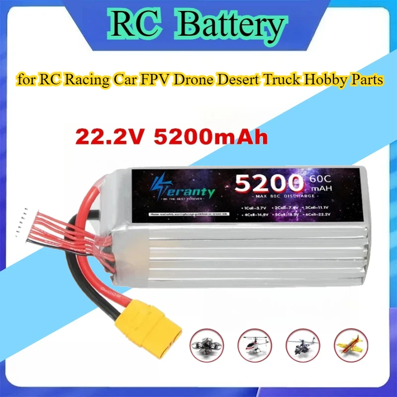 

6S 22.2V 5200mAh 60C Softcase Lipo Battery EC5/XT60/XT90 Plug for RC Racing Car FPV Drone Desert Truck Hobby Parts