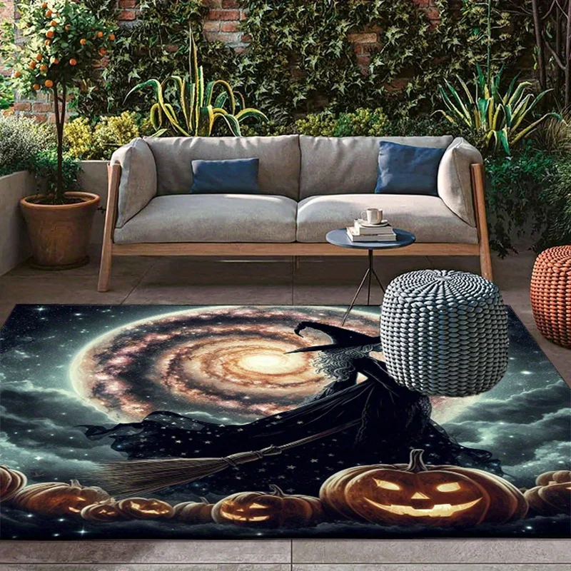 VIKAMA Witch Galaxy Halloween Area Rug,Non‑Slip Floor Mat,Jack‑O‑Lantern Spooky Outer Space Carpet Patio Living Room Home Decor