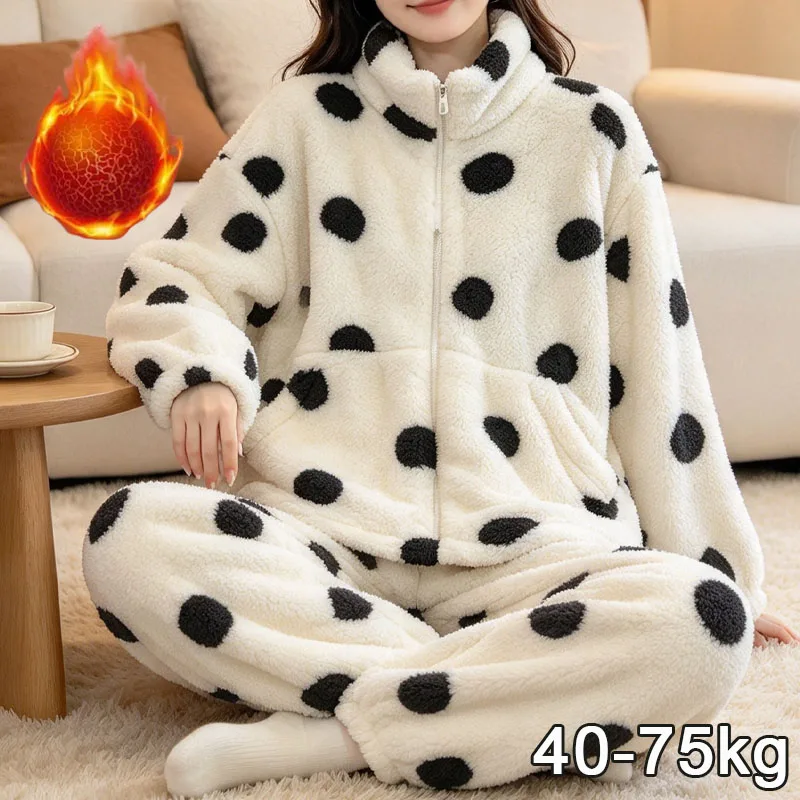 1-2 juegos de pijamas cálidos de talla grande para mujer, con estampado de lunares, forro polar suave, ropa de dormir gruesa y holgada, ideal para el clima frío.