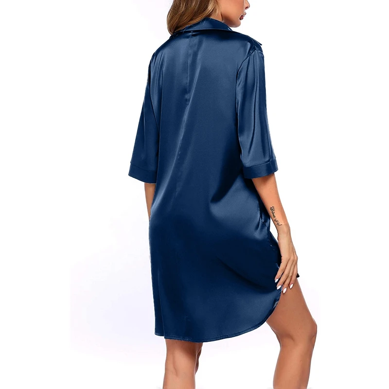 Elegant Satin Nightshirt Solid Lapel Button-Up Shirt Dress Breathable Fabric Smooth Texture Charming Women's Nightgown Sleepwear
