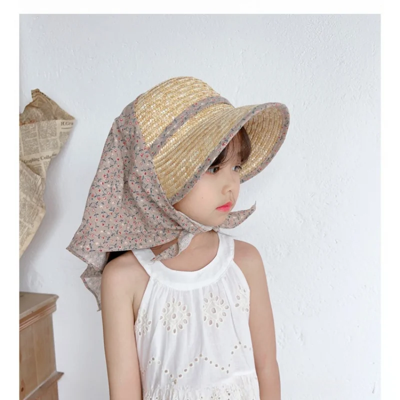 INS Idyllic ~ French Lace-up Half-sided Dome Straw Hat Shawl Neck Guard Summer Small Broken Flowers Big Brim Beach Hat