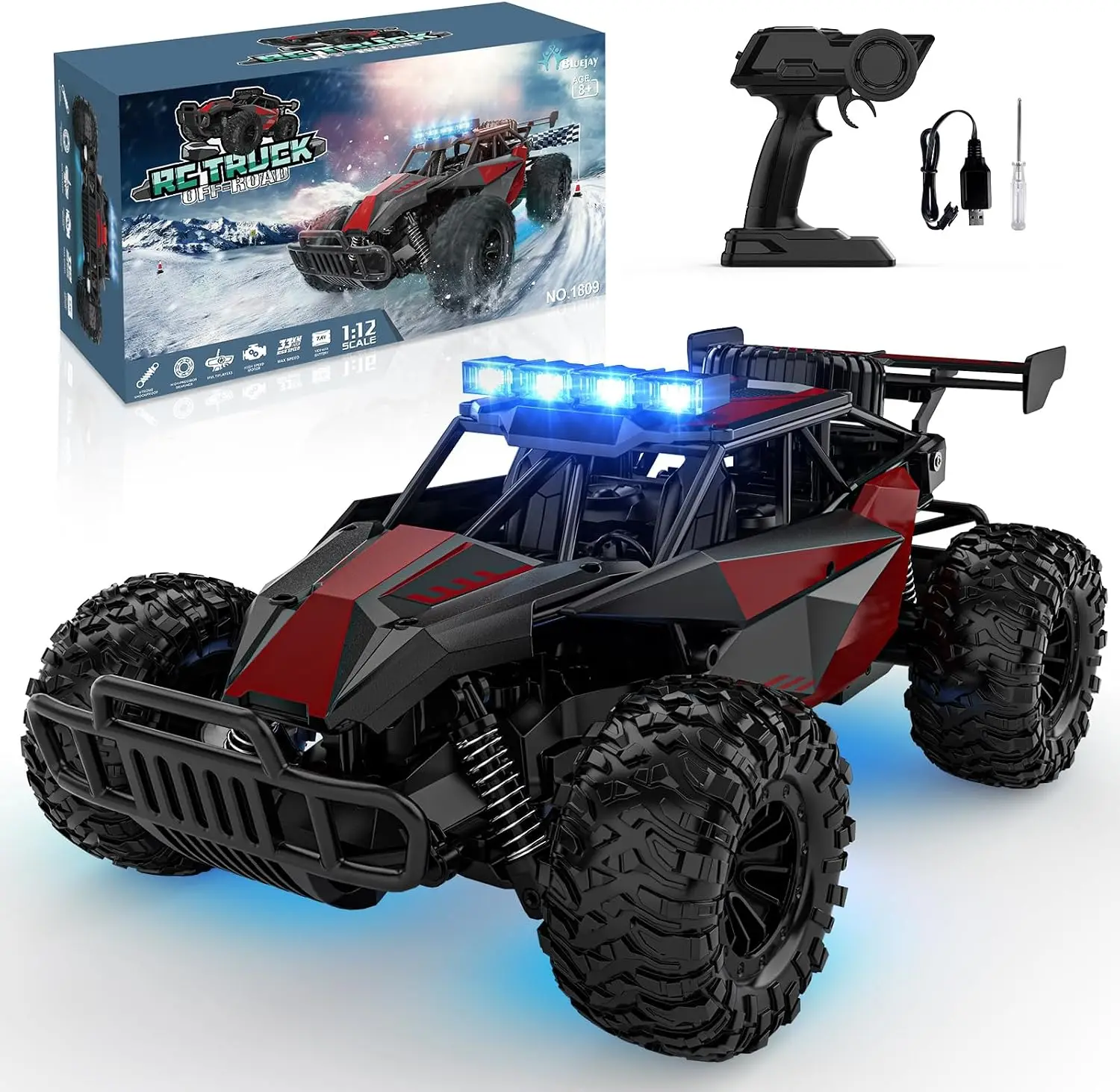 Remote Control Car, 2.4GHz High Speed 33KM/H RC Cars Toys, 1:12 Monster RC Truck Off Road with LED Headlight and Rechargeable Ba