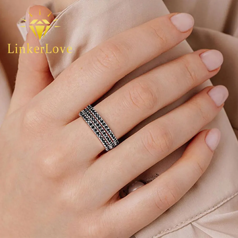 

LinkerLove Eternity Black Moissanite Ring Stackable Diamond Wedding Band for Women S925 Sterling Silver Engagement Ring Jewelry