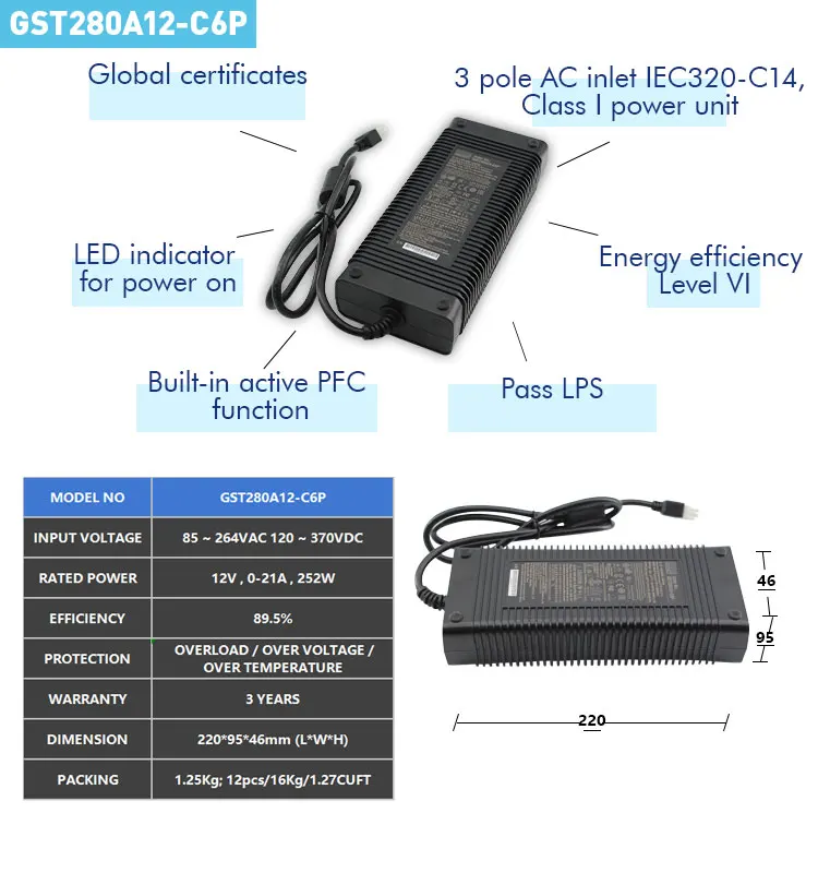 Mean Well GST280A12-C6P Industrial Adaptor Ac/Dc Office Facilities Adapter Power Supply