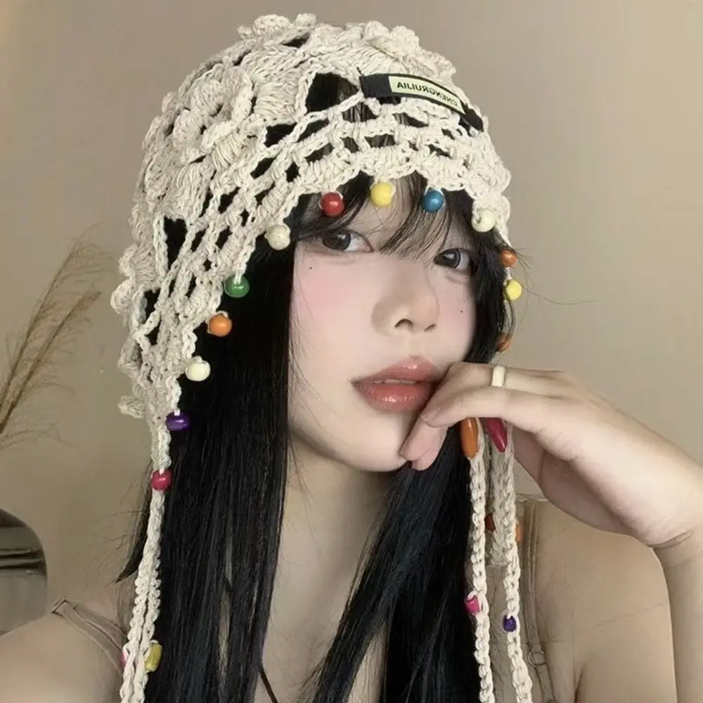 Crochet Flower Hollow Tassels Knitted Hat Bohemian Style Beanies Knit Cap Handmade Thin Ethnic Style Hat Apparel Accessories