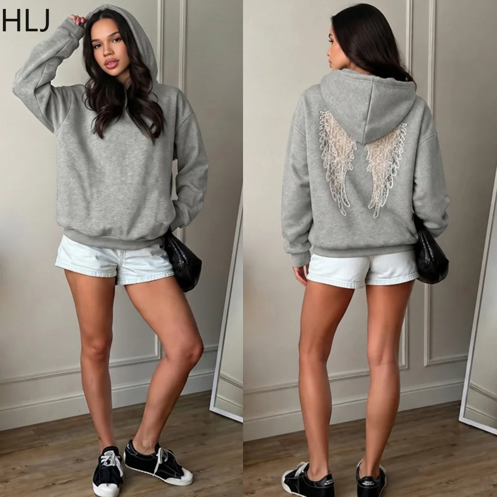 HLJ Ladies Solid Color Long Sleeve Hooded Sweatshirt Hollow Back Design Loose Fit Pullover Casual Streetwear Autumn Winter New