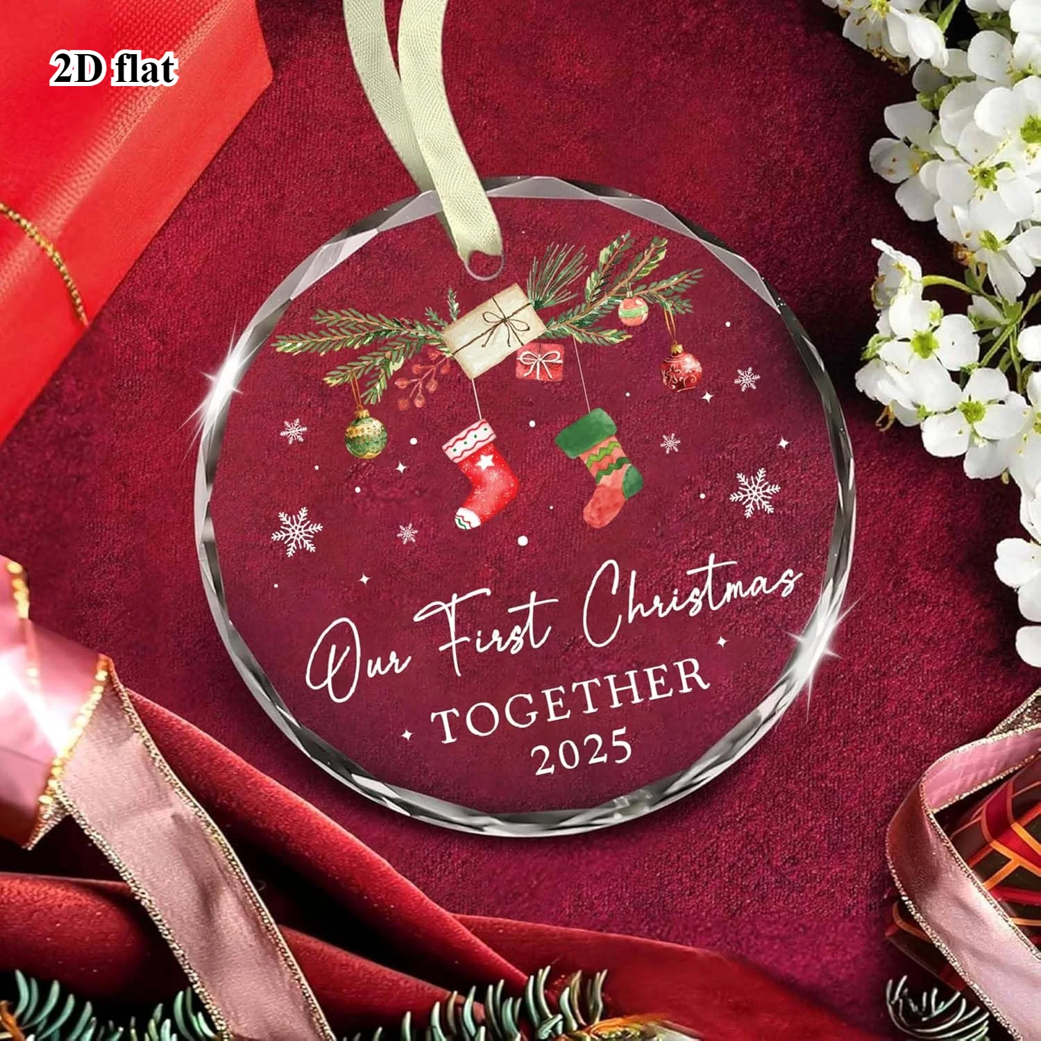 مسطح ثنائي الأبعاد، مسطح 2D قطعة واحدة 3.15 * 3.15 بوصة زجاج مستدير زينة عيد الميلاد 2025 زوجين 1، قلادة، قطرة ماء وزخرفة علوية #1