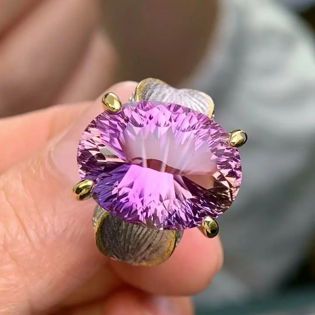 Natural Ametrine Ring 925 Silver Two-tone Plated Baroque Style Handcrafted Oval Cut Statement Cocktail Ring for Women