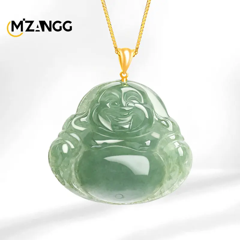 

18K Gold Inlaid Natural Burma A Goods Jadeite Oil Green Maitreya Buddha Pendant Necklace Women's Ice Jadeite Auspicious Pendant