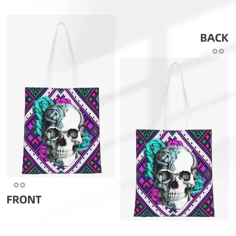 Cute Aztec Rose Skull In  And Teal Shopping Tote Bags Reusable Day Of The Dead Canvas Groceries Shoulder Shopper Bag