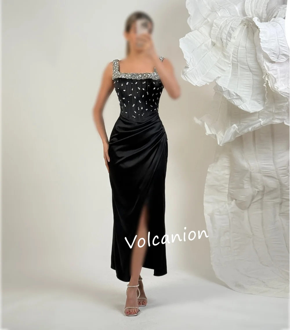 Customized Charmeuse Pleat Sequined Sheath Square Neck Midi Dresses Bespoke Occasion Homecoming Classic Retro Sparkle