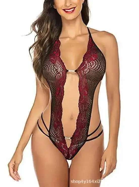 Seksowne koronkowe body damskie erotyczne prześwitujące koronkowe siateczkowe obcisłe pornograficzne wycięte bez rękawów wiązane na szyi bez kroku piękne TZK2