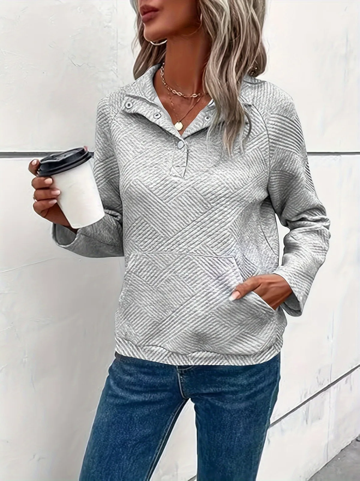 Neues Sweatshirt mit aufgesetzter Tasche, Knopfleiste und Revers, lässiges, lockeres Sweatshirt mit Rag-Shoulder-Langarm