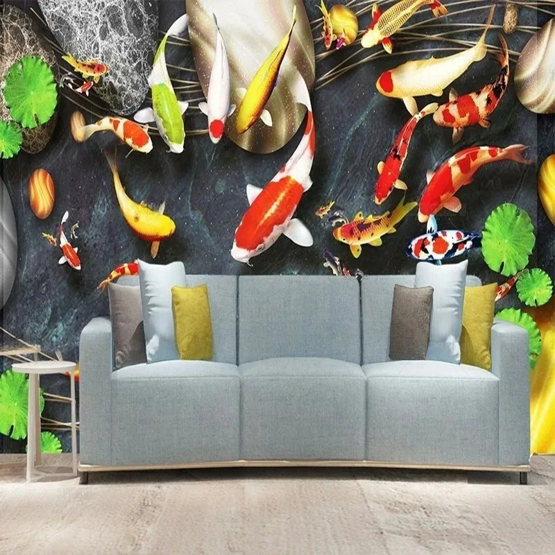 Custom Printed Wall Mural 3D Marble Textured Fish Pattern Wallpaper TV Sofa Background Wall Art for Living Room Bedroom Office
