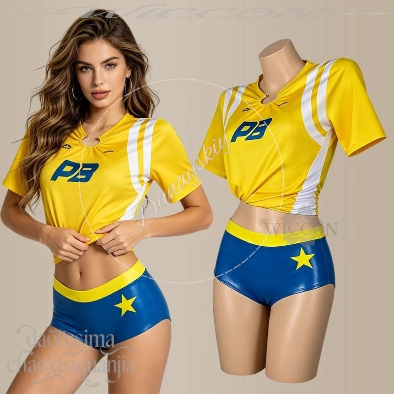 

Sexy Baby Woman Cosplay Anime Goals Idol Stage Suit Cheerleading Sportswear Cos Uniform Yellow Tshirt Blue Mini Shorts