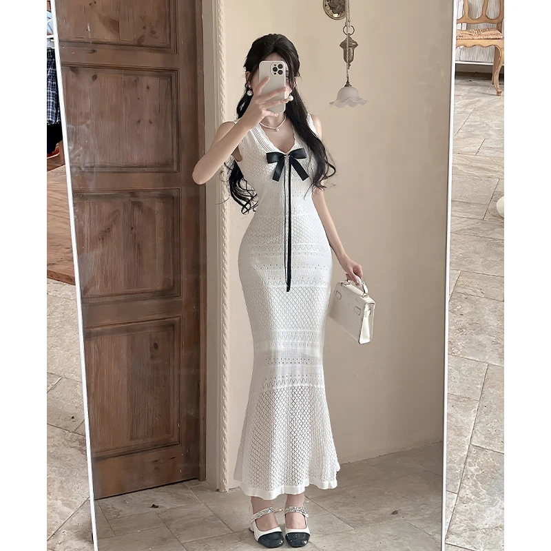 Robe pull longue élégante à volants, mode française, col en v, nœud papillon découpé, tricotée, vêtements de plage chics pour vacances, automne 2025