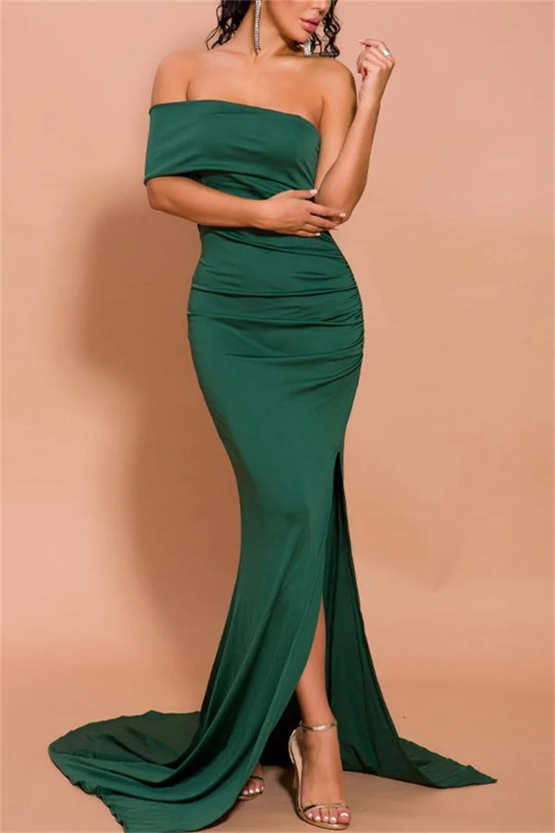 

Green One Shoulder Mermaid Satin Prom Dress with Slit Ruched Elegant Party Long Ball Evening Dress 2024 Draped robes de soirée