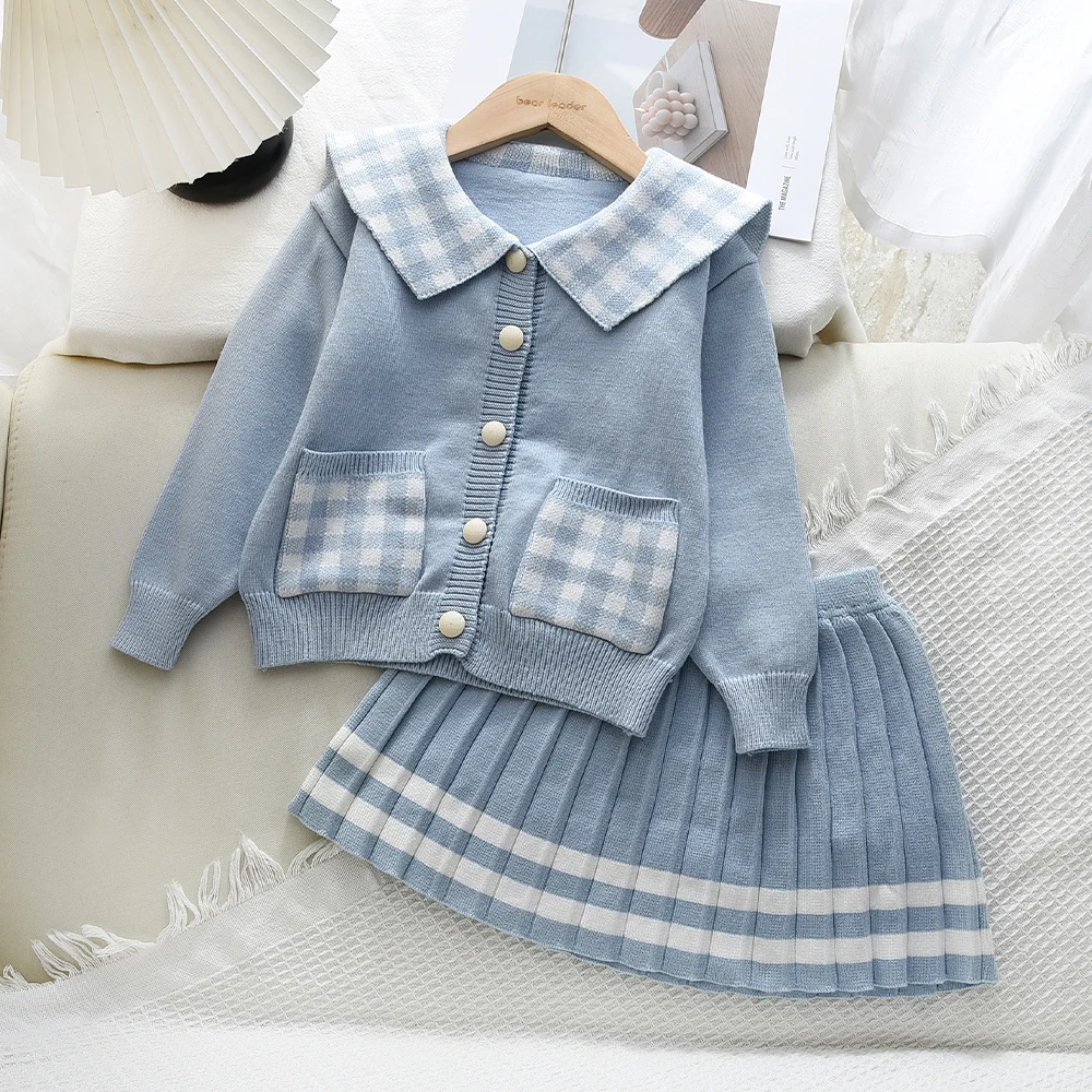 Korean Version Cute Casual Autumn New  Lapel Plaid Cardigan+pleated Skirt Two-piece Knitted Suit for Girls