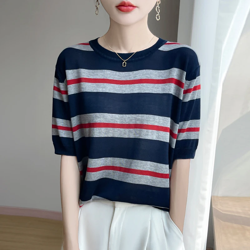 

2025 Summer New Women's Short sleeved Liesel T-shirt Fashion High end Striped Jacquard Breathable Knitted Shirt Korean Edition