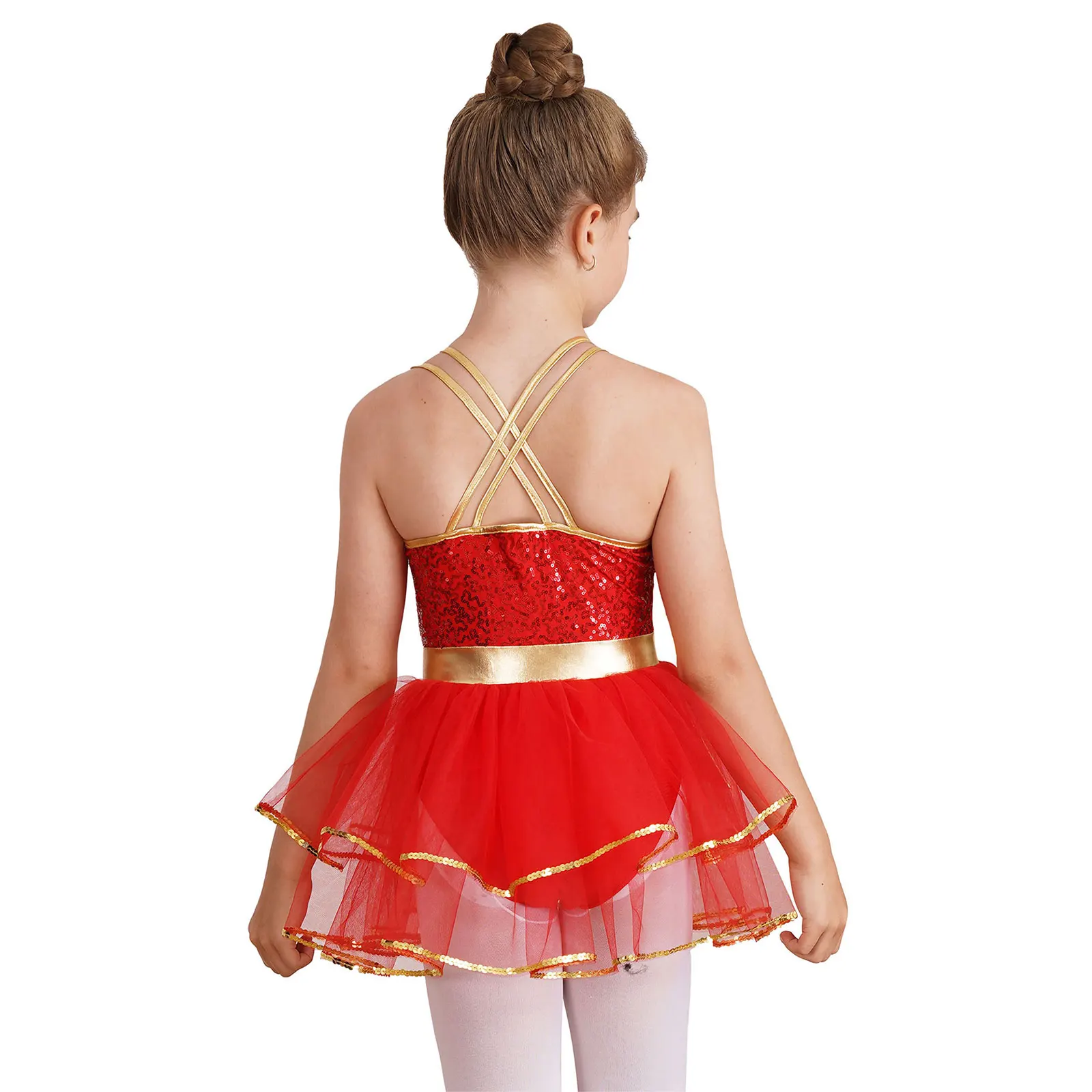 Kids Girls Christmas Dance Tutu Dress Double Spaghetti Straps Sequins Cami Dress Leotard Bodysuit for Stage Performance Costume