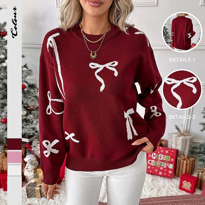 Christmas Bow Jacquard Knit Sweater Tops Women Cute Casual Winter Pullover Blouse