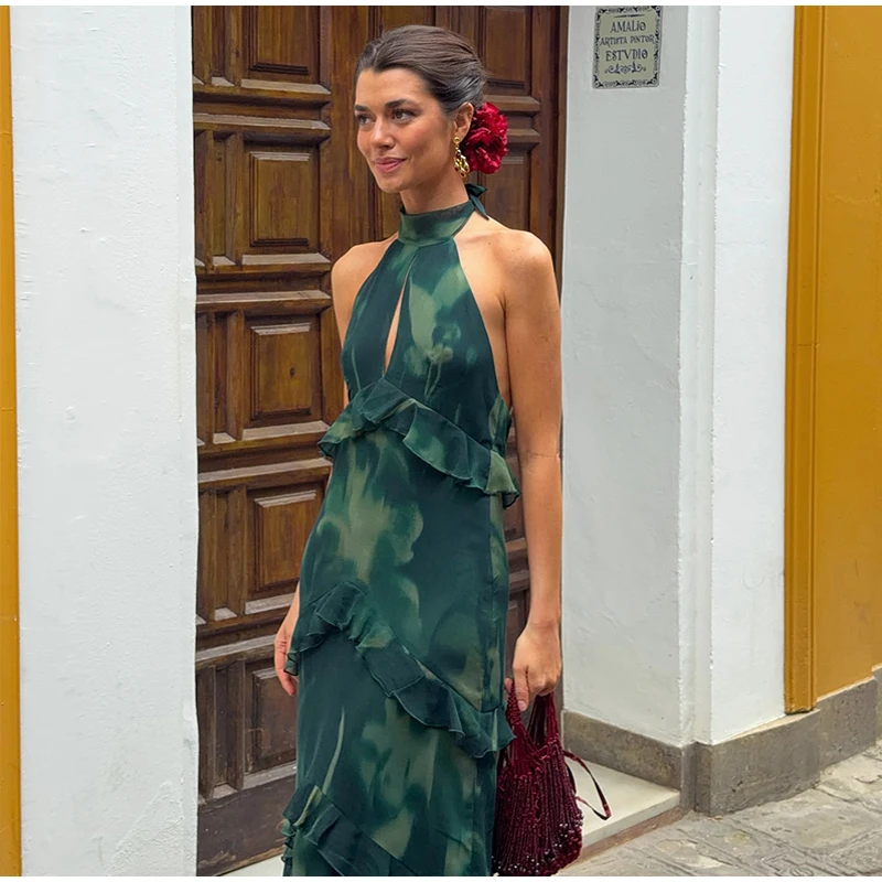 Damen Patchwork Trägerloses Maxikleid Ärmellos mit Rüschensaum und Schal Schnürkleider 2026 Sommer Elegantes Abendkleid für Damen – Detail 24