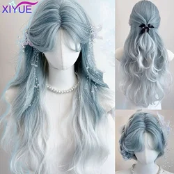 XIYUE Synthetic Women Lolita Wavy Curly Ombre Blue Mint Color Long Curly Hair Wigs With Bangs Cosplay Hair Wig For Daily Party
